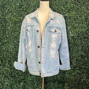 Rolling Paper Light Wash Denim Jacket Distressed Paint Splatter Trucker Sz L